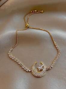 1件优雅可调节月亮星星手链，镶嵌闪亮立方氧化锆，时尚简约风格，适合日常佩戴和聚会场合。 - 手鍊 - 查看 1