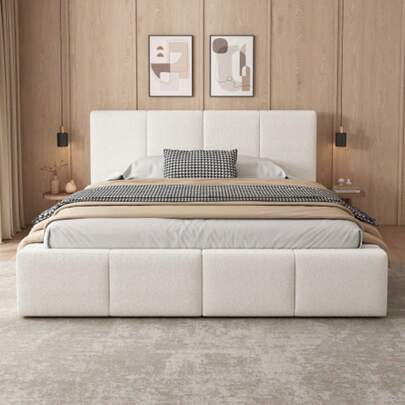 Upholstered Bed, Double Bed, 180 X 200 Cm, Hydraulically Adjustable Bed, Bed With Slatted Frame, Headboard And Large Storage Space, Upholstered Headboard, Beige Bouclé