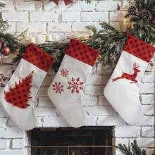 1 pieza Bolsa de regalo de Navidad, Calcetín navideño. Elementos con temática navideña, árbol de Navidad, Papá Noel, elementos de copos de nieve. Impreso en arpillera, tamaño extra grande y largo. Cuerda colgante extendida