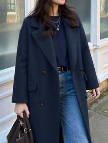 女式长袖纯色口袋羊毛风衣，双排扣羊毛大衣，田园风格女装，女装秋装，女装冬装，万圣节服装，圣诞女装，沙特国庆节，女士外出上衣，绿色上衣，紫色上衣，格子上衣，婚礼上衣，白色民用婚纱，优雅女式衬衫 - 藏蓝色 - 查看 6