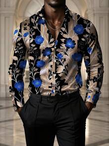 Men's Vintage Floral Long Sleeve Shirt, Blue & Gold Contrast Color Allover Printed Striped Collar Shirt, Suitable For Party, Formal Event, Fashion Street Style, Vacation & Casual Wear, Spring/Autumn