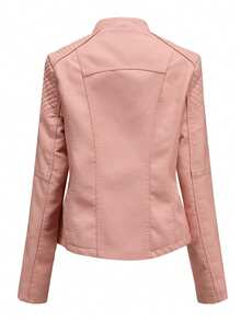 新款春秋季女士皮夹克，短款修身薄款仿皮机车夹克 粉色 - 粉色 - 查看 4