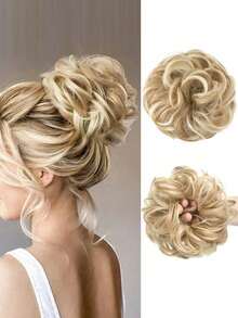 Black Messy Bun Hair Piece Wavy Curly Scrunchies Synthetic Chignon Ponytail Hair Extensions Thick Updo Hairpieces For Women 8inch - 金色 - 查看 3