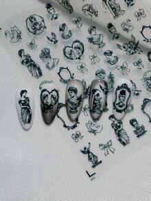 A Retro Dark Nail Sticker With Relief Texture Design, Gothic Baroque Style, Featuring Classical Portraits, Bows, Carved Picture Frames And Other Patterns, Suitable For Personal DIY And Creating Dark And Exquisite Nail Art Nails Nail Supplies - Black - View 9