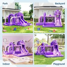 Castillo inflable de dinosaurio con tobogán y soplador de aire, castillo inflable de tela Oxford para niños, casa inflable cosida duradera con gran área de juegos para patio, diversión familiar en interiores y exteriores - Morado - Ver 5