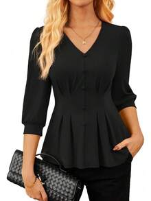 Women Business Casual Tops, 2026 Spring Dressy Blouses, 3/4 Sleeve Peplum Work Shirts V Neck Office Outfit - màu đen - Xem 1