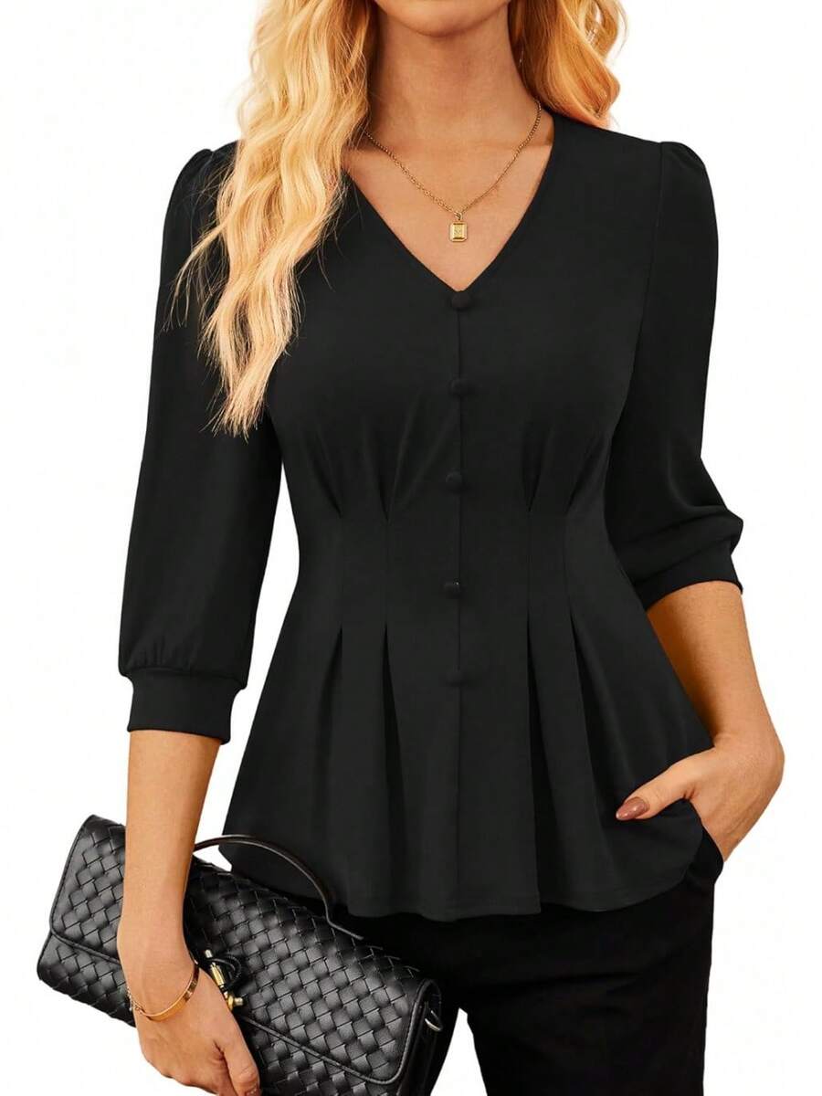 Women Business Casual Tops, 2026 Spring Dressy Blouses, 3/4 Sleeve Peplum Work Shirts V Neck Office Outfit - màu đen - Xem 1