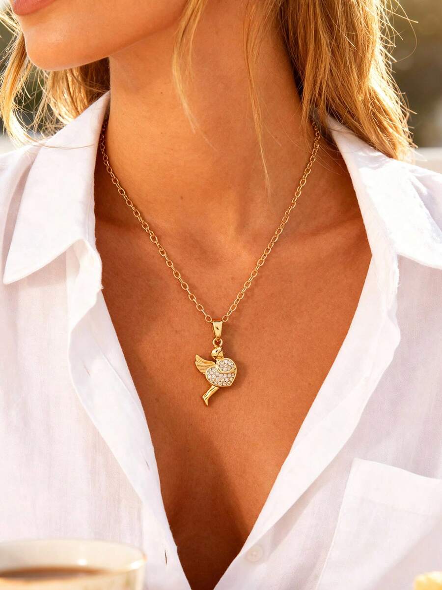 This Elegant, Exquisite, And Adorable Angel Pendant Necklace, Adorned With Diamonds, Is Made Of Stainless Steel And Features A Winter Christmas Design. Perfect For Everyday Wear, Outdoor Activities, Or Shopping. - Gold - View 1