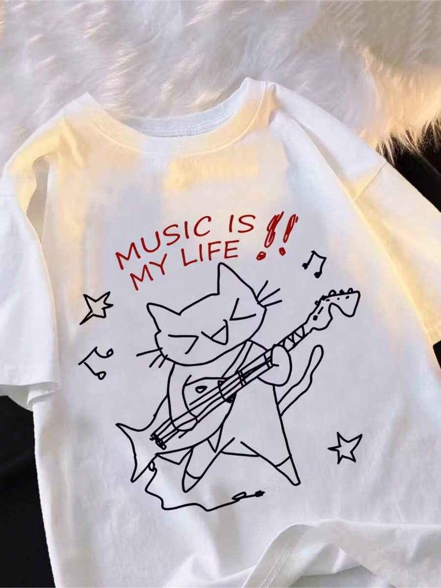 White T-Shirt, 1 pcs Music is my life! The cat plays the guitar Cartoon Letter graphic print T-shirt 180g Pure Heavy 100% Cotton T Shirt, Relaxing versatile and comfortable, beach vacation, simple and fashionable, suitable for men - Blanco - Ver 1