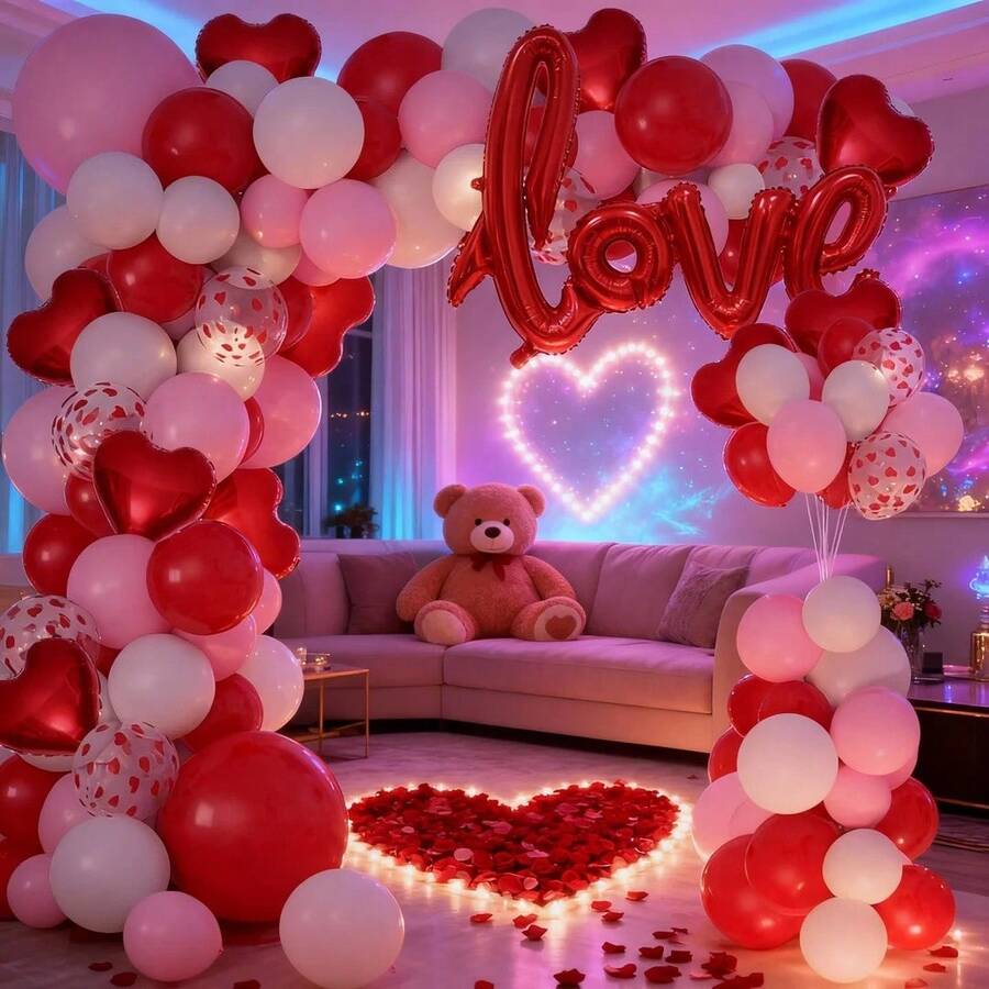 115件套结婚周年纪念主题气球拱门套装，包含红色和粉色乳胶气球，以及40英寸红色LOVE字样和10英寸心形铝箔气球，适用于周年纪念、生日、婚礼、求婚、母亲节派对装饰。