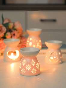 2.7" X 3.4" Delicate Mini Ceramic Hollow Floral, Heart, Moon & Star Shaped Aromatherapy Candle Holder, Fragrance Oil Diffuser Burner, Suitable For Home, Valentine's Day, Party, Halloween, Holiday, Autumn, Winter, Decoration, Gift - White - View 2