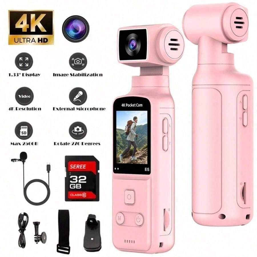 4K Ultra HD Vlogging Camera With 1.33" CMOS Sensor, USB Charging, 270° Rotating Lens - Perfect For , Live Streaming & Outdoor Adventures, Ideal Gift For Couples/Back To School/Easter - 粉色 - 查看 1