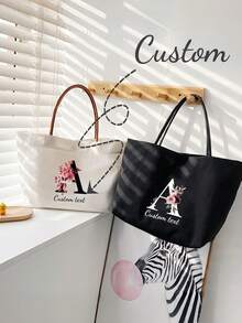 1pc Customizable Name Folding Canvas Tote Bag, Unique, Lightweight, High Capacity, Casual, Fashionable, Delicate Romance,Custom Bridesmaid & Beach Tote - Personalized Canvas Handbag With Name, Perfect For Weddings, Bridal Parties & Travel - Ivory, Perfect Holiday Personalized Gift For Halloween/Christmas/Thanksgiving.Suitable As A Hand Bag, Shoulder Bag, Casual Or Shopping Bag,Students, Freshman, Sophomore, Underclassmen, - Multicolor - View 1