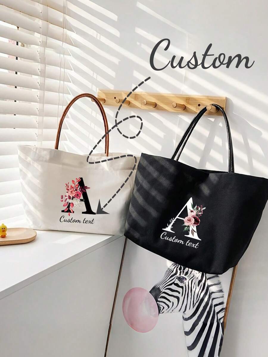 1pc Customizable Name Folding Canvas Tote Bag, Unique, Lightweight, High Capacity, Casual, Fashionable, Delicate Romance,Custom Bridesmaid & Beach Tote - Personalized Canvas Handbag With Name, Perfect For Weddings, Bridal Parties & Travel - Ivory, Perfect Holiday Personalized Gift For Halloween/Christmas/Thanksgiving.Suitable As A Hand Bag, Shoulder Bag, Casual Or Shopping Bag,Students, Freshman, Sophomore, Underclassmen, - Multicolor - View 1