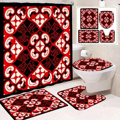 1/4pcs High Quality Printed Shower Curtain, Modern Maori Red & Black Plaid Design, Waterproof & Durable Polyester, With Hooks & Lining, Suitable For Bathroom Decor, All Season