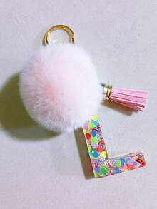 1 件字母首字母钥匙扣可爱毛绒绒球钥匙链环包背包饰品汽车挂件女士女孩礼物，可爱亮片树脂钥匙扣，钱包和手提包配件，带流苏的钥匙扣，字母首字母 A-Y 学校 - 粉色 - 查看 33
