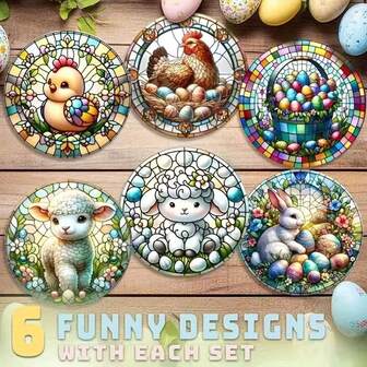 6pcs/Set Colorful Acrylic Easter Coasters - Vibrant Designs Of Rabbits, Lambs, Bunnies And Flowers - Perfect For Patio, Kitchen And Living Room Decor - Ideal Easter Gift For Friends And Family, Landscape Decoration, 6pcs/Set, 1800pcs/300sets