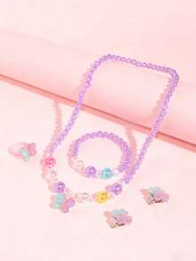 5pcs/Set Girls Cute Butterfly Beaded Jewelry Set, Includes Necklace, Bracelet, Ring And Earrings, Suitable For Daily Wear, Perfect Birthday Party Gift - Multicolor - View 5