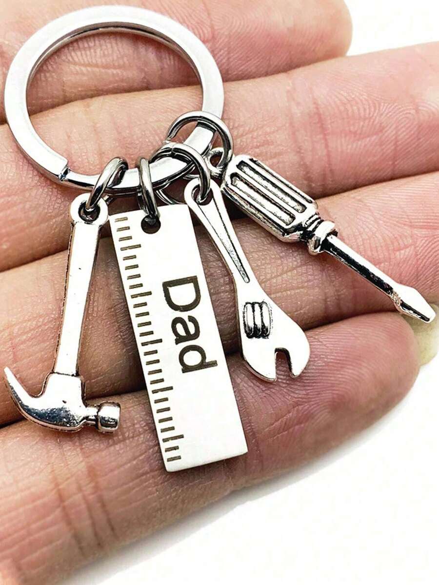 1pc Stainless Steel DIY Father's Day Keychain With Hammer, Screwdriver And Wrench Pattern, Great Gift For Dad, Men's Tool - Silver - View 1