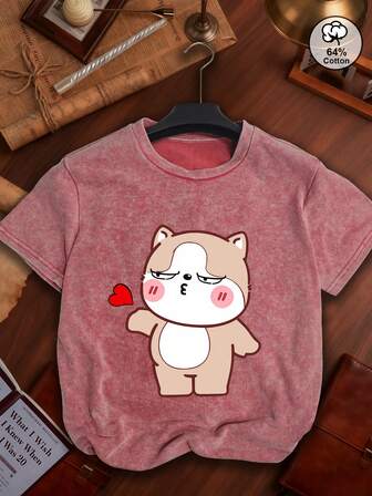 Women's Casual Retro Washed Snowflake Round Neck Short-Sleeved T-Shirt, Printed With A Cute Cartoon Puppy Pattern, Suitable For Everyday Wear, Suitable For Spring And Summer, Women's Printed T-Shirt.