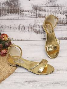 Women's Elegant Casual Sexy Bohemian High Heel Sandals With Strap Diagonal Woven Decor, Solid Color, Suitable For Vacation And Outdoor Wear In Summer - Gold - View 4