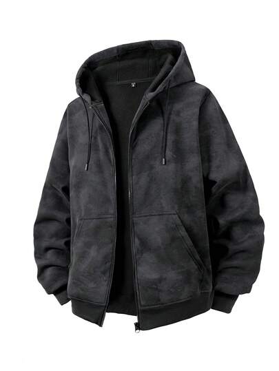 男士迷彩印花连帽拉链卫衣，深灰色抓绒内衬休闲外套，适合户外运动、跑步、健身训练