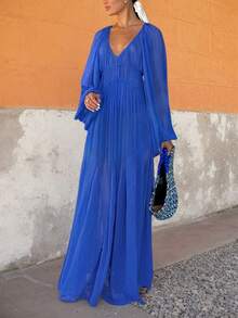 2026 New French Bohemian Chiffon V-Neck Long Sleeve Pleated Maxi Dress - Elegant High Waist Autumn Party Dress, Spring/Autumn New Arrival, Women's Spring/Summer New Item, Women's Retro Outfit, French Elegance, Valentine's Day, Women's Christmas Dress, New Year Outfit, Women's Elegant Maxi Dress, Casual Long Dress, Women's Blue Dress, Women's Beach Dress, Elegant Party Dress - Blue - View 4