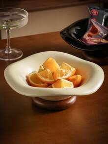 DearDali Asymmetrical Wavy Glazed Ceramic Fruit Bowl With Walnut Wood Base, Creative Home Decor Fruit Tray For Living Room, Entryway