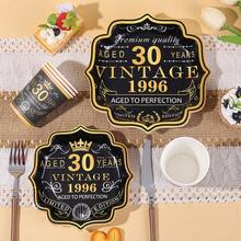 10个/20个/30个/60个，1996年复古30岁生日派对用品套装 - 黑金“30岁”字样一次性7英寸和9英寸扇形纸盘，金色边缘，搭配9盎司纸杯，男女皆宜，周年纪念单身生日派对用品 | 30周年限量版庆祝餐具 - 多色/30歲 - 查看 9