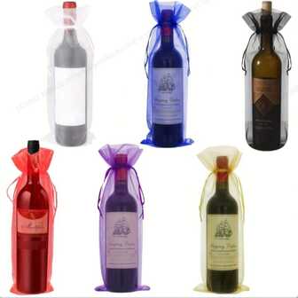 10个白色欧根纱酒袋，透明网眼酒礼品袋，瓶套，圣诞连衣裙束口，葡萄酒旅行保护套，防漏酒瓶旅行套，安全酒瓶套，旅行车巡航保护套，行李保护袋