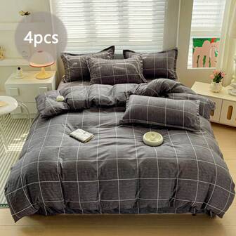 4pcs Bedding Set, Simple Line & Plaid Printed Duvet Cover, Soft & Comfortable Polyester Duvet Cover Set, Zipper Closure, Retro Nordic Style Gray Bedding Set, Suitable For All Seasons, Home Decor, Suitable For Family Gifts, Includes 1 Duvet Cover (Without Filler), 1 Bed Sheet, 2 Pillowcases (Without Filler)