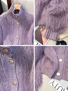 JIANHU Korean Style Fuzzy Knit Cardigan – Fall Winter Soft Faux Fur Sweater With Scalloped Trim And Pearl-Like Buttons, Cozy High Neck Jacket For Daily Looks - Purple - View 9