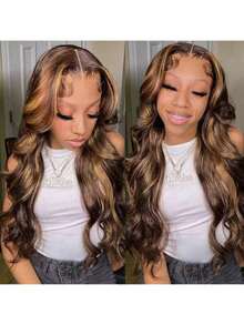 34 Inch Highlight Wig Human Hair Body Wave Human Hair Wigs Brazilian Blonde Ombre Lace Front Wigs 13x4 Transparent Lace Frontal Human Hair Wigs 200% Density Highlight 4 27 Colored - SP4/27 - 查看 3
