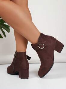 大码女式粗跟高跟纯黑色休闲侧拉链爱心装饰绑带踝靴,舒适踝靴 - 咖啡色 - 查看 4