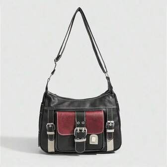 Large Capacity Textured Handbag, PU Leather Two-Tone Color Shoulder Bag, Women's Commuter Hobo Bag