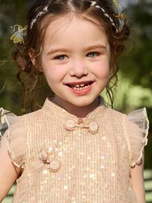 ASK JUNIOR Girls' Chinese Style Stand Collar Buttoned Dress With Puff Sleeves & Mesh Skirt, Summer - Champagne - View 9