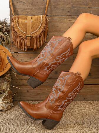2025 Autumn/Winter New European & American Western Style Fashion Women Leather Boots, Embroidered Straight Tube Thick High Heel Pointed Toe Mid-Calf Western Boots For Women