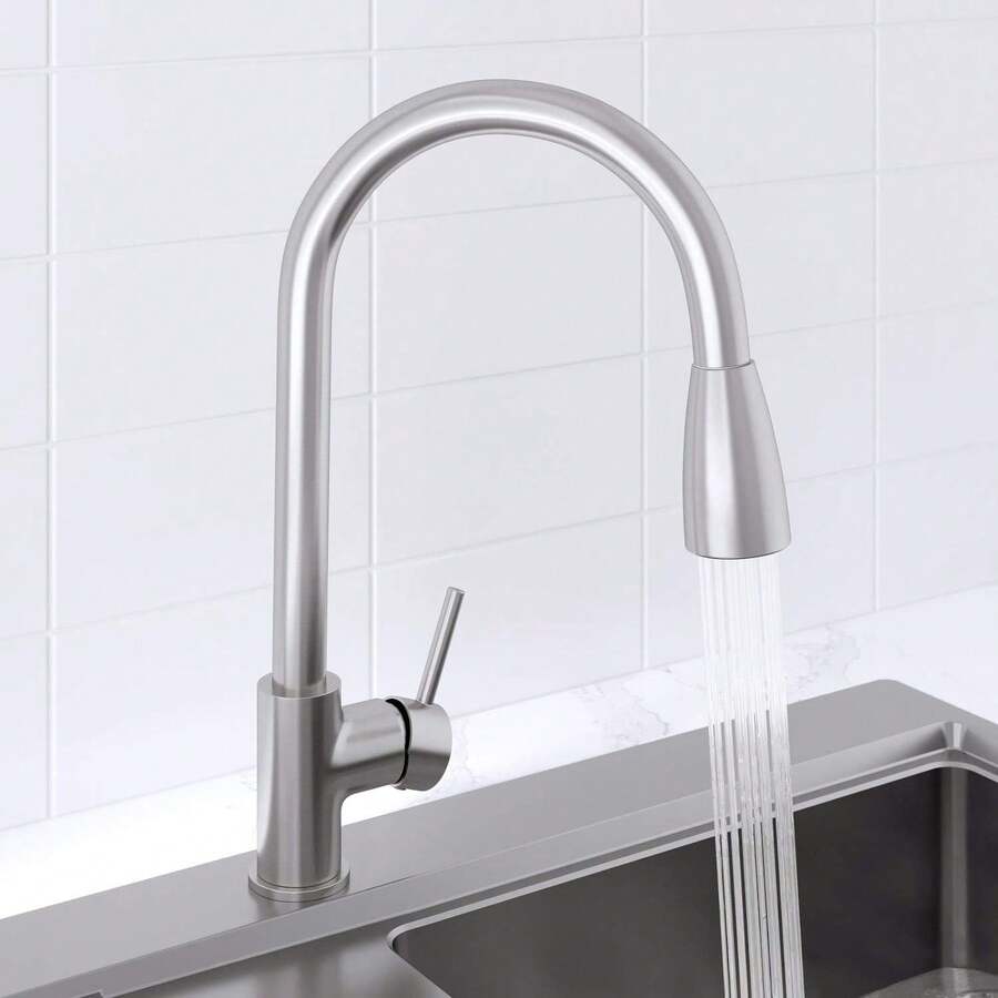 Kitchen Mono Mixer Tap Single Lever Pull Out Spray Spout Swivel Brushed Finish - Default - View 1