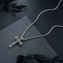 1pc European & American Cross Necklace, Stainless Steel Pendant Chain For Men, Versatile & Unique - Silver - View 2