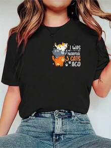 1 Piece Funny T-Shirt For Men And Women Cat Lovers And Pet Owners, Fashionable Casual T-Shirt For Women With Round Neck And Short Sleeves, 180g 100% Cotton - 黑色 9 - 查看 6