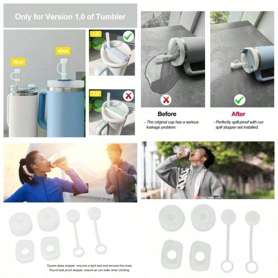 6PCS Cup Straw Stopper Sealed Reusable Straw Cover Cap Square Round Spill Stoppers Silicone Leak Stopper Set Cup Spill Proof Stopper Transparente - inicial - Ver 1