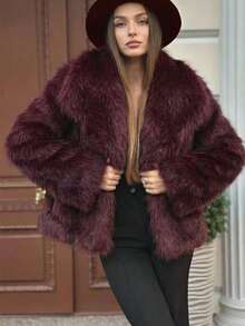 女士仿皮草外套，酒红色长袖大衣，秋冬款 - 紅色 - 查看 3