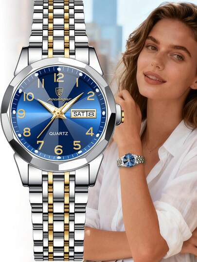 POEDAGAR 1pc Women's Blue Stainless Steel Elegant Quartz Watches With Waterproof Luminous, Date Week Display Function, Fashion Woman Wristwatch Suitable For Daily Occasions, Ladies Holiday Gifts