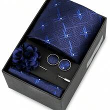 男士正式婚礼领带套装，涤纶面料领带，口袋巾，袖扣，胸针礼盒套装，金色格子图案 - 混色 - 查看 19