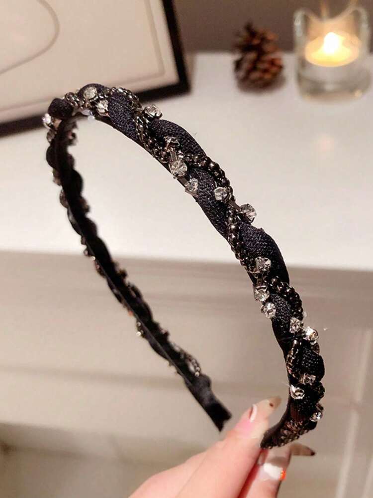 1個 ブラックラインストーン ねじれ細いヘアバンド レディース、細