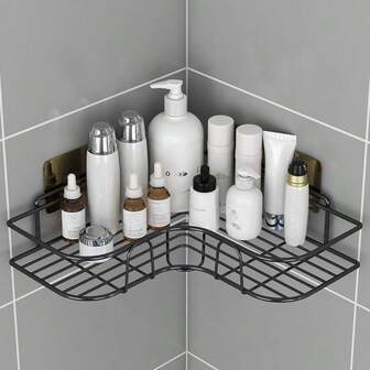 1 pieza/2 piezas Estantería triangular sin taladro, cesta de almacenamiento de hierro artístico para baño, cocina, pared del inodoro