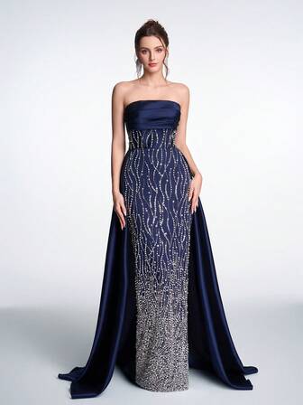 Anymoon Luxurious Sparkling Beaded Criss-Cross Backless Mermaid Evening Gown With Train, Suitable For Galas, Bridal Toasts, Formal Dinners, Cocktail Parties