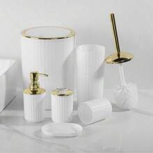 6pcs Bathroom Accessories Set, Bathroom Storage Supplies, Includes Reusable Toothbrush Cups, Lotion Dispenser, Rinse Cups, Trash Can, Soap Dish, Toilet Brush, Suitable For Hotel And Home Bathroom Countertop Decor, Ideal As A Gift For Friends And Family Housewarming, Bathroom Accessories, Bathroom Set, Christmas Gift, New Year Gift. - Multicolor - View 5