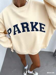 Women's Casual Letter Print Oversized Pullover Sweatshirt, Loose Fit Crew Neck Long Sleeve Hoodie, Fall Outfits For Airport, - 杏色 - 查看 7