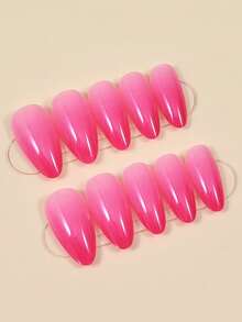 24pcs Medium Almond Rose Ombre Color Nail Stickers, Acrylic Material, Suitable For Everyday Wear Nails Nail Supplies - Hot Pink - View 7